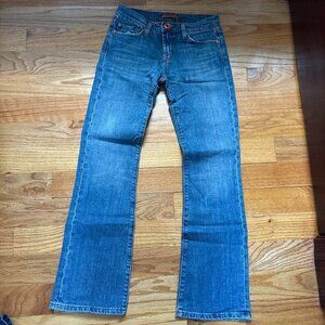 light wash low rise bootcut jeans w pink detail